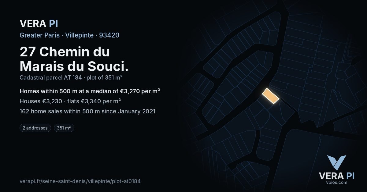 27 Chemin du Marais du Souci, Villepinte at night – the plot lit, the parcels around coloured by the prices near them