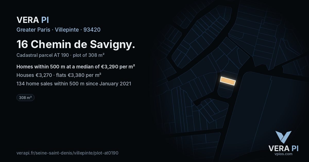 16 Chemin de Savigny, Villepinte at night – the plot lit, the parcels around coloured by the prices near them