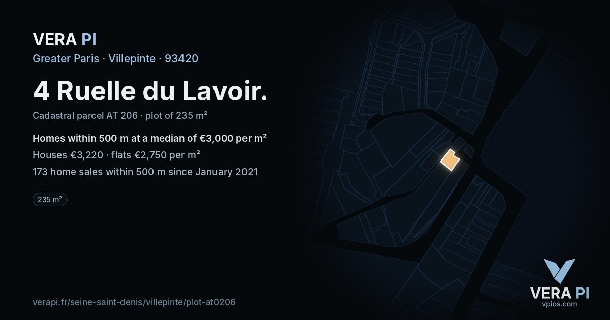 4 Ruelle du Lavoir, Villepinte at night – the plot lit, the parcels around coloured by the prices near them