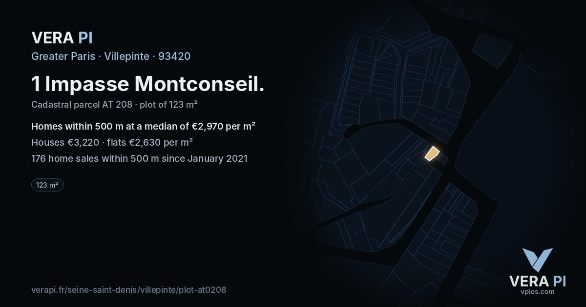 1 Impasse Montconseil, Villepinte at night – the plot lit, the parcels around coloured by the prices near them