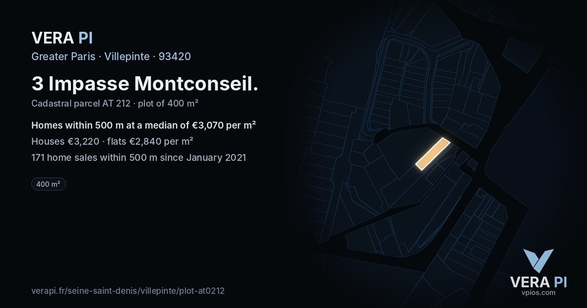 3 Impasse Montconseil, Villepinte at night – the plot lit, the parcels around coloured by the prices near them