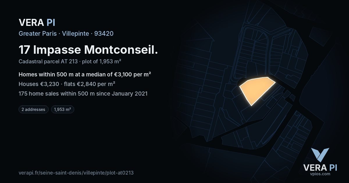 17 Impasse Montconseil, Villepinte at night – the plot lit, the parcels around coloured by the prices near them
