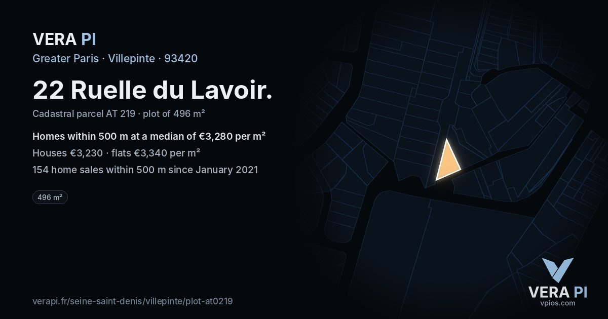 22 Ruelle du Lavoir, Villepinte at night – the plot lit, the parcels around coloured by the prices near them