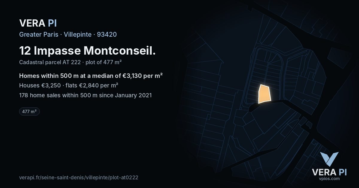 12 Impasse Montconseil, Villepinte at night – the plot lit, the parcels around coloured by the prices near them