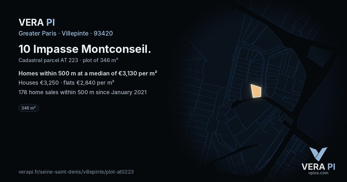 10 Impasse Montconseil, Villepinte at night – the plot lit, the parcels around coloured by the prices near them