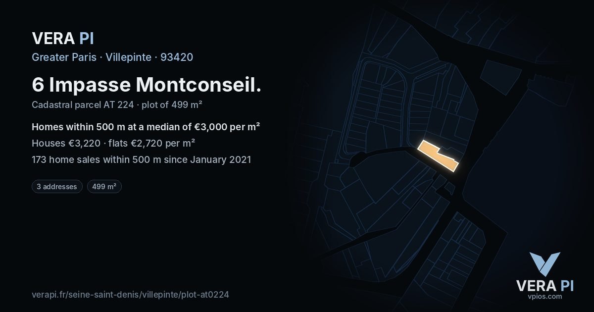 6 Impasse Montconseil, Villepinte at night – the plot lit, the parcels around coloured by the prices near them