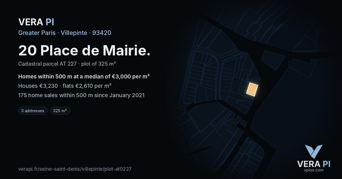 20 Place de Mairie, Villepinte at night – the plot lit, the parcels around coloured by the prices near them