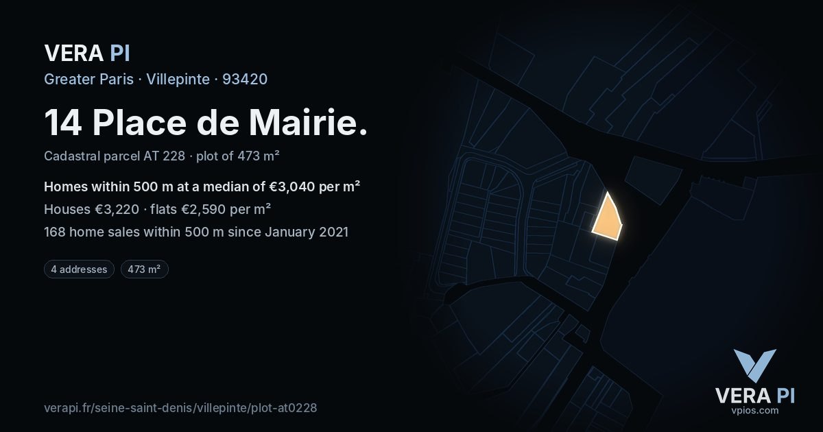 14 Place de Mairie, Villepinte at night – the plot lit, the parcels around coloured by the prices near them