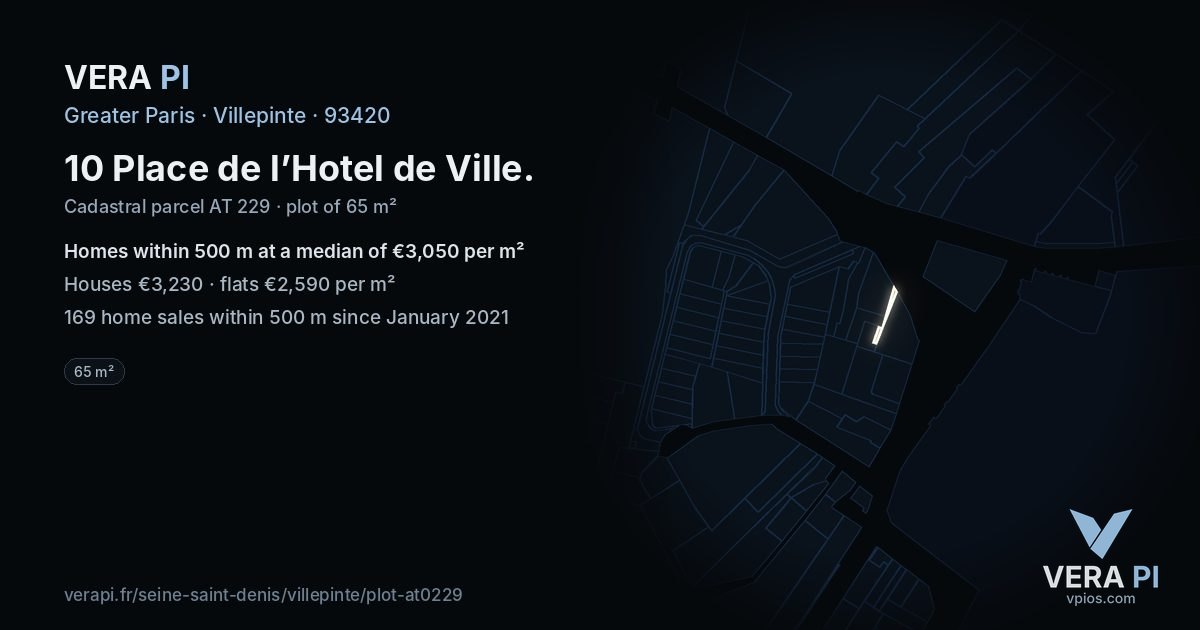 10 Place de l’Hotel de Ville, Villepinte at night – the plot lit, the parcels around coloured by the prices near them