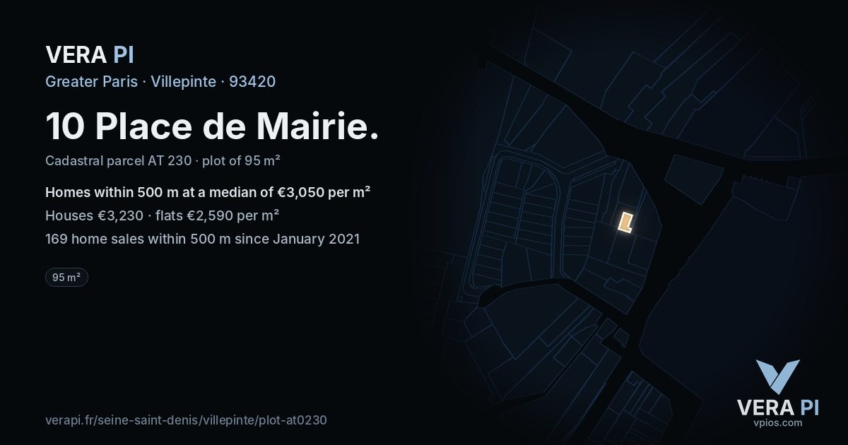 10 Place de Mairie, Villepinte at night – the plot lit, the parcels around coloured by the prices near them