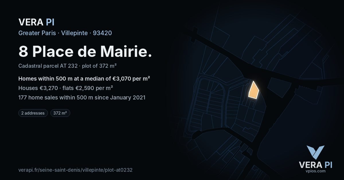 8 Place de Mairie, Villepinte at night – the plot lit, the parcels around coloured by the prices near them