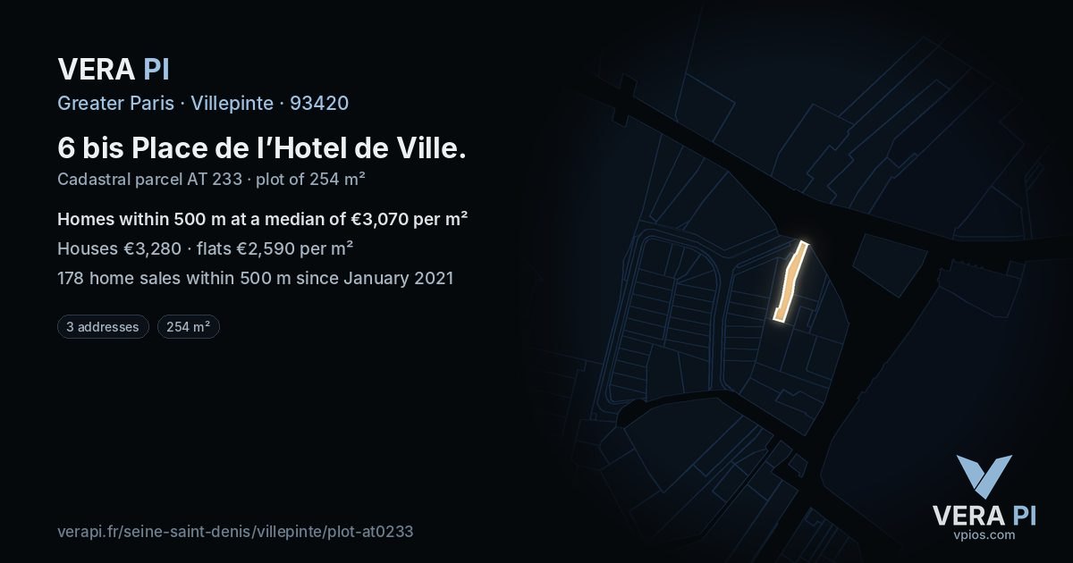 6 bis Place de l’Hotel de Ville, Villepinte at night – the plot lit, the parcels around coloured by the prices near them