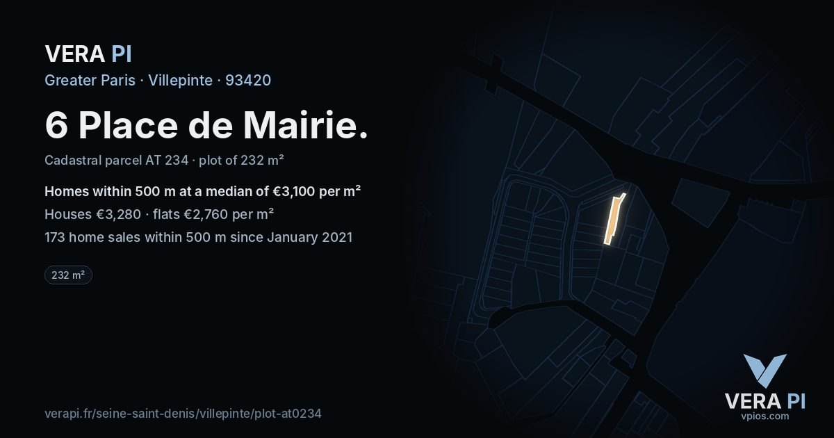 6 Place de Mairie, Villepinte at night – the plot lit, the parcels around coloured by the prices near them