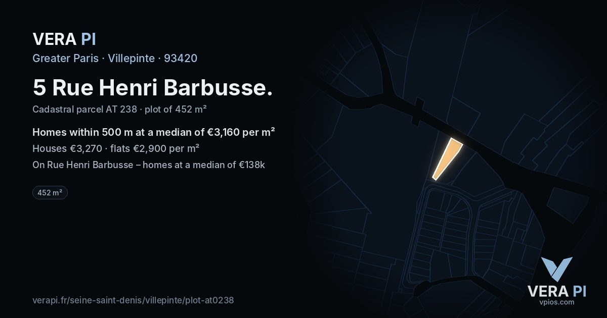 5 Rue Henri Barbusse, Villepinte at night – the plot lit, the parcels around coloured by the prices near them