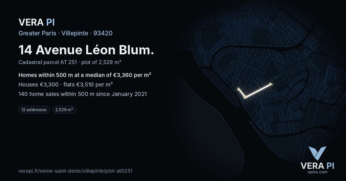 14 Avenue Léon Blum, Villepinte at night – the plot lit, the parcels around coloured by the prices near them