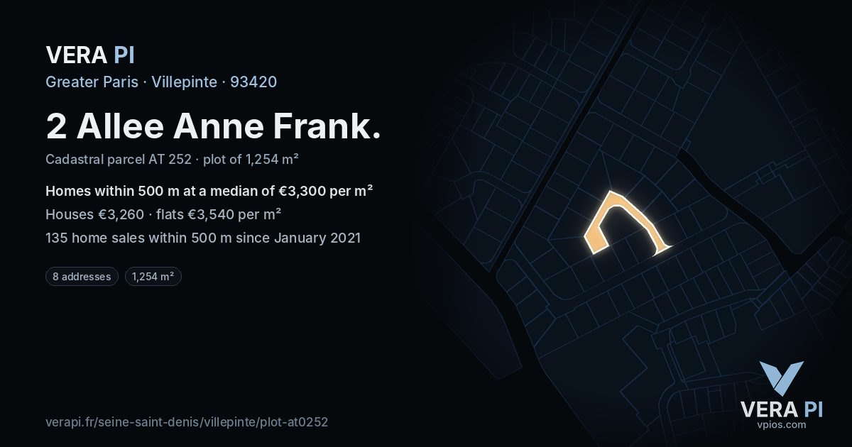 2 Allee Anne Frank, Villepinte at night – the plot lit, the parcels around coloured by the prices near them