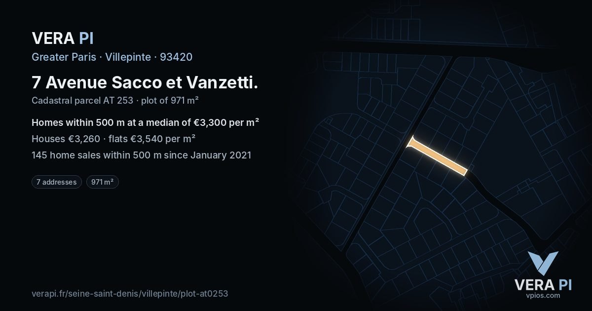 7 Avenue Sacco et Vanzetti, Villepinte at night – the plot lit, the parcels around coloured by the prices near them