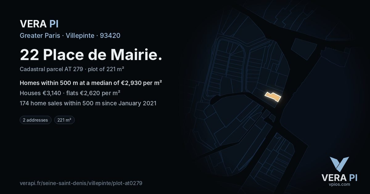 22 Place de Mairie, Villepinte at night – the plot lit, the parcels around coloured by the prices near them