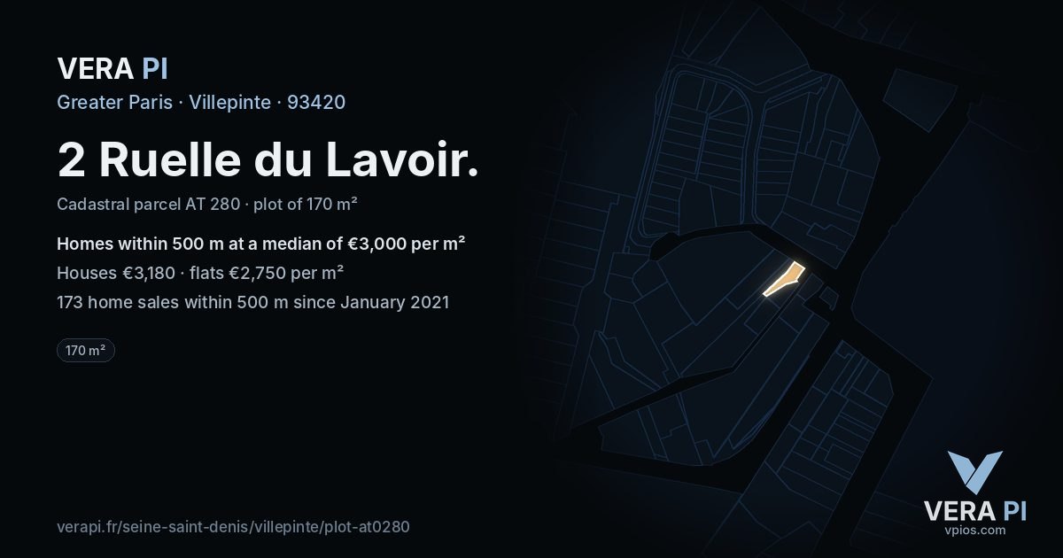 2 Ruelle du Lavoir, Villepinte at night – the plot lit, the parcels around coloured by the prices near them
