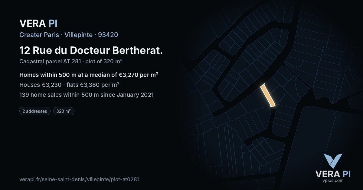 12 Rue du Docteur Bertherat, Villepinte at night – the plot lit, the parcels around coloured by the prices near them