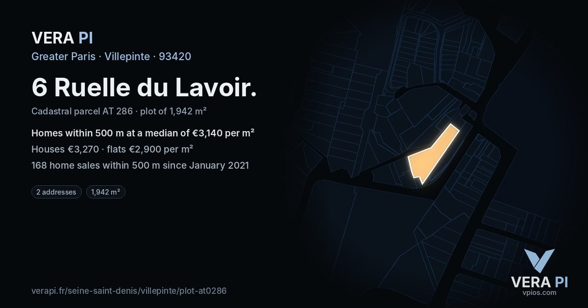 6 Ruelle du Lavoir, Villepinte at night – the plot lit, the parcels around coloured by the prices near them