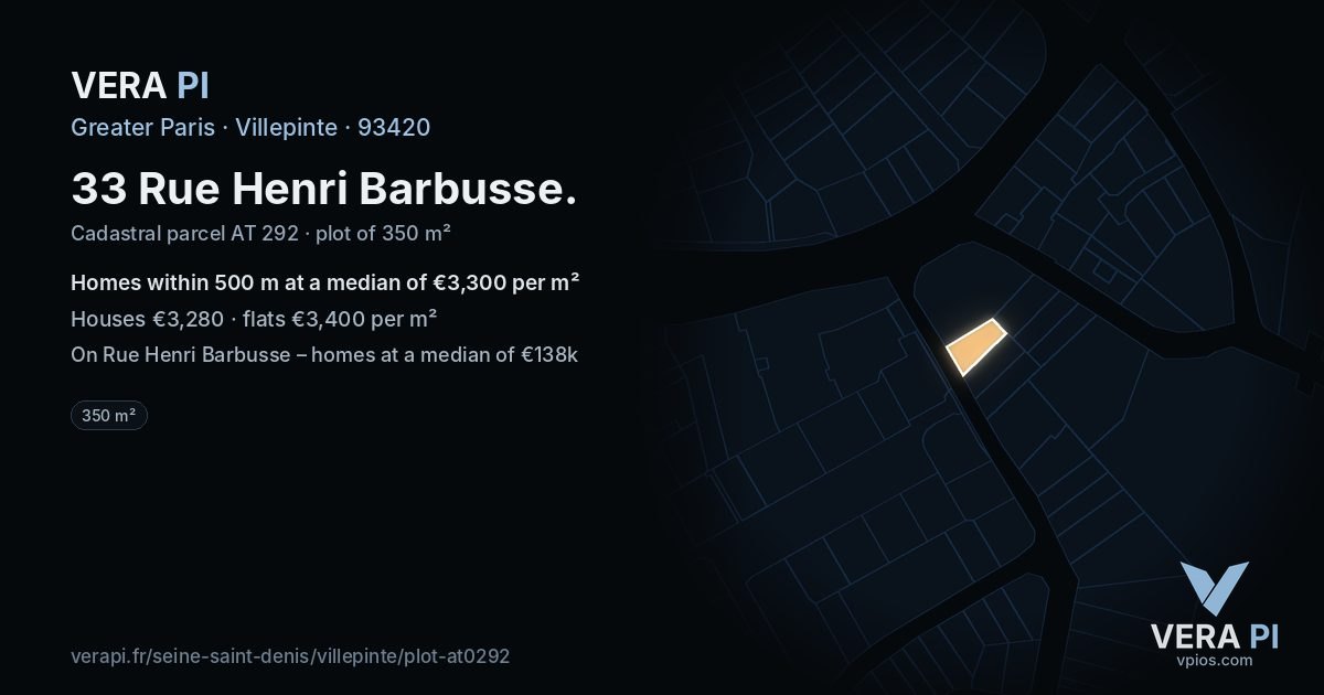 33 Rue Henri Barbusse, Villepinte at night – the plot lit, the parcels around coloured by the prices near them