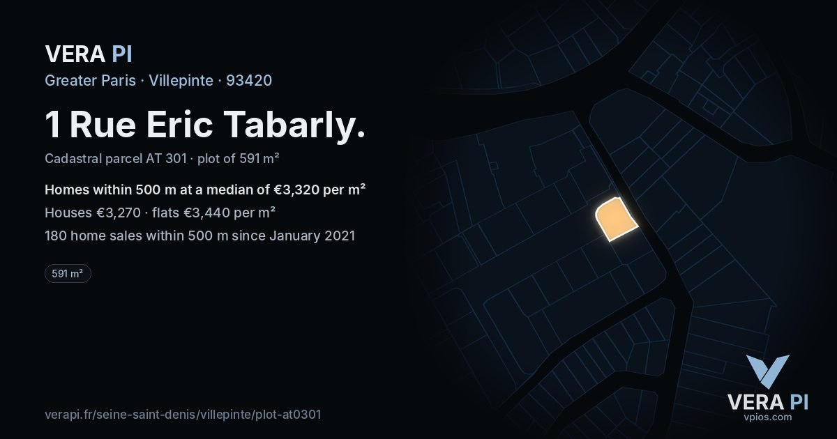 1 Rue Eric Tabarly, Villepinte at night – the plot lit, the parcels around coloured by the prices near them