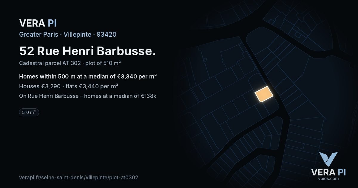 52 Rue Henri Barbusse, Villepinte at night – the plot lit, the parcels around coloured by the prices near them