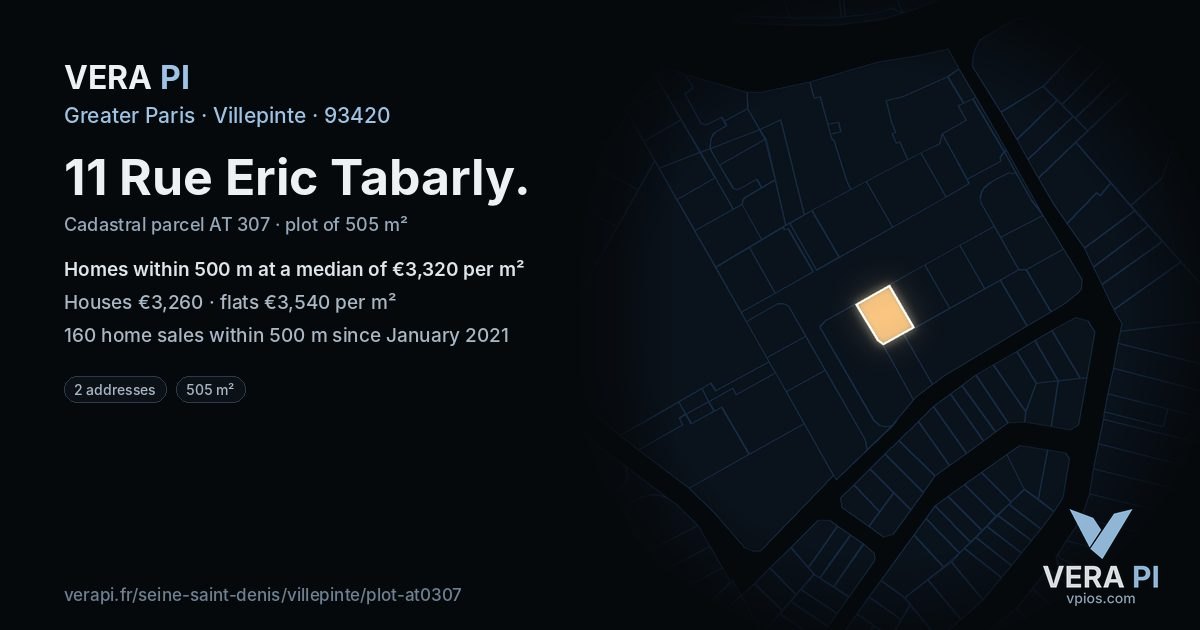 11 Rue Eric Tabarly, Villepinte at night – the plot lit, the parcels around coloured by the prices near them