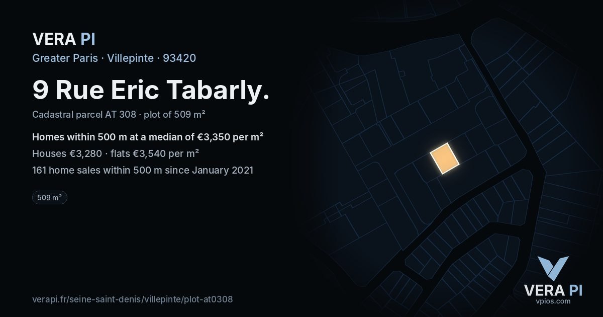 9 Rue Eric Tabarly, Villepinte at night – the plot lit, the parcels around coloured by the prices near them