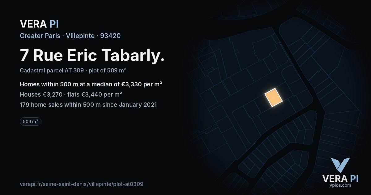 7 Rue Eric Tabarly, Villepinte at night – the plot lit, the parcels around coloured by the prices near them