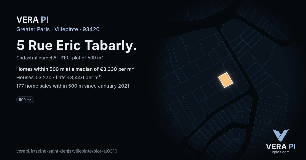 5 Rue Eric Tabarly, Villepinte at night – the plot lit, the parcels around coloured by the prices near them