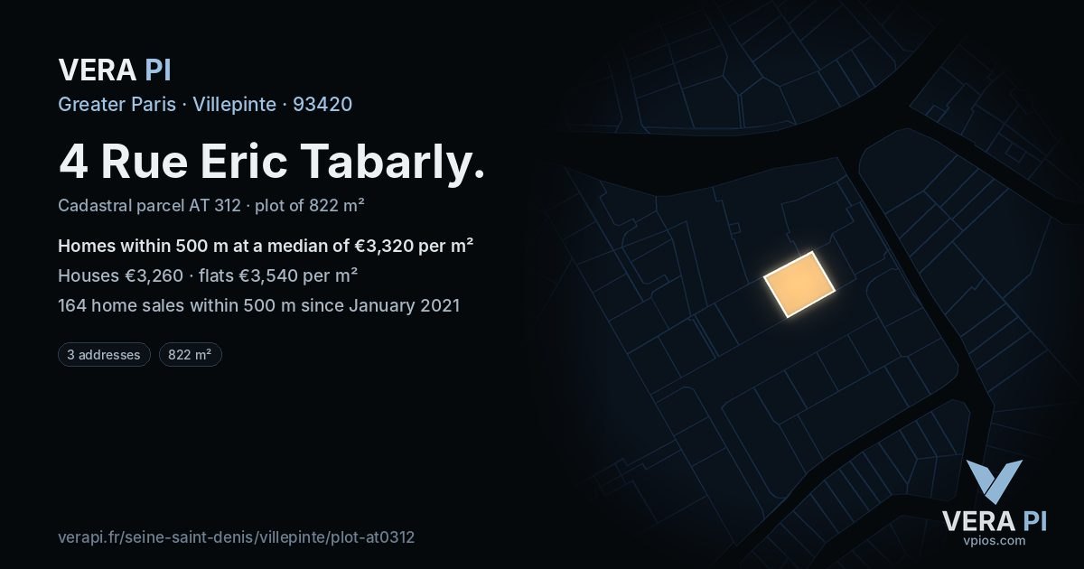 4 Rue Eric Tabarly, Villepinte at night – the plot lit, the parcels around coloured by the prices near them