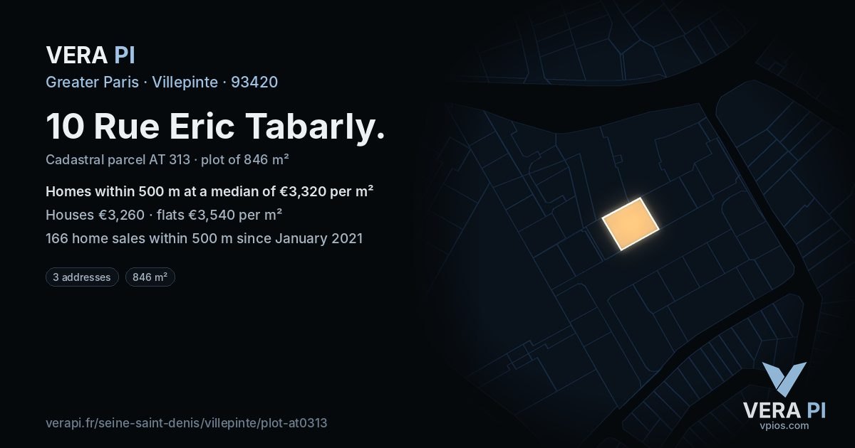 10 Rue Eric Tabarly, Villepinte at night – the plot lit, the parcels around coloured by the prices near them