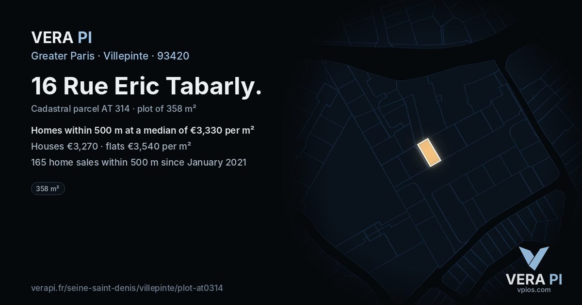 16 Rue Eric Tabarly, Villepinte at night – the plot lit, the parcels around coloured by the prices near them