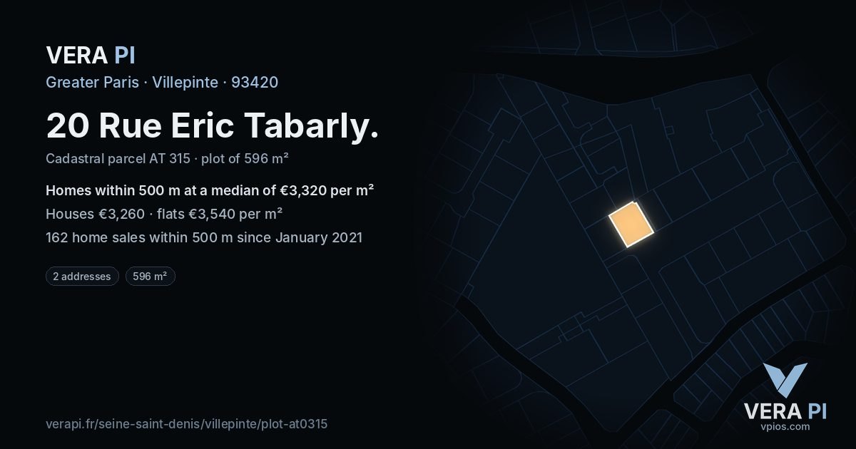 20 Rue Eric Tabarly, Villepinte at night – the plot lit, the parcels around coloured by the prices near them