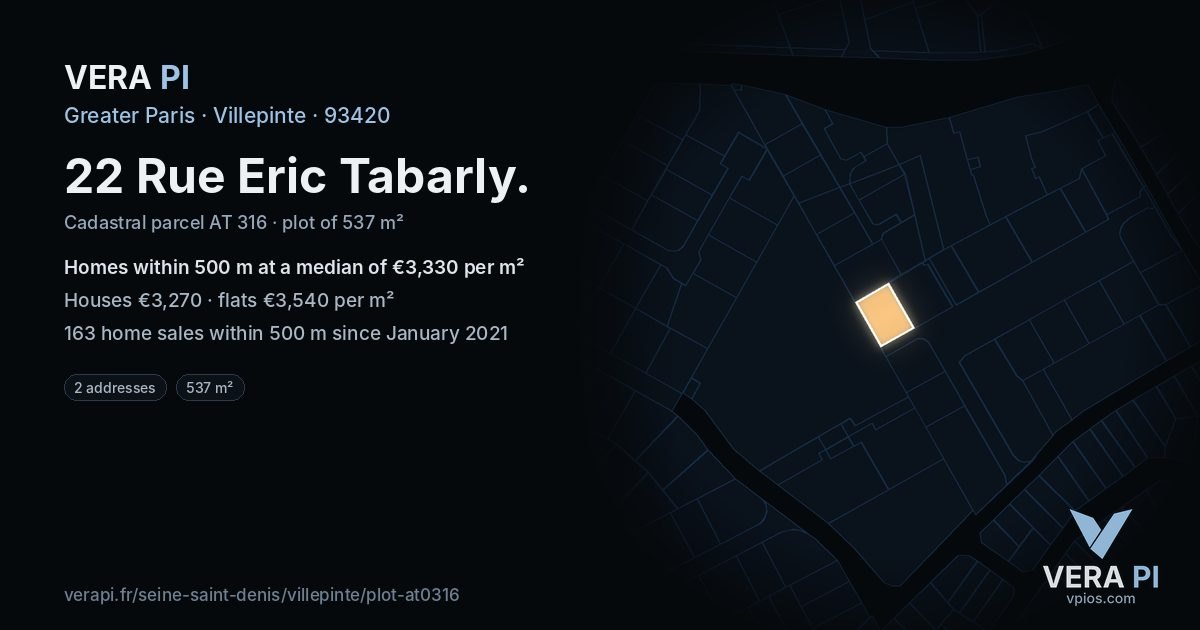 22 Rue Eric Tabarly, Villepinte at night – the plot lit, the parcels around coloured by the prices near them