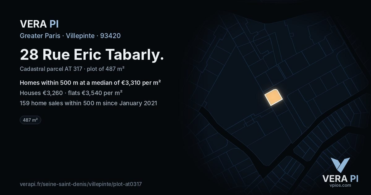 28 Rue Eric Tabarly, Villepinte at night – the plot lit, the parcels around coloured by the prices near them