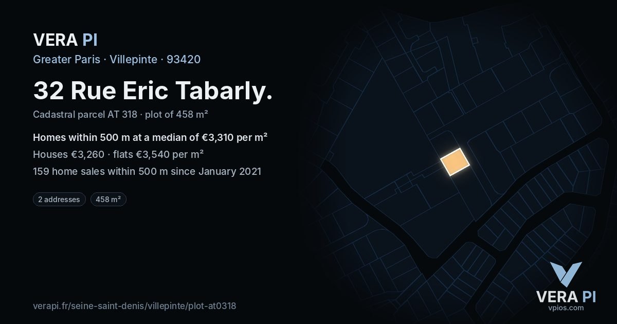 32 Rue Eric Tabarly, Villepinte at night – the plot lit, the parcels around coloured by the prices near them
