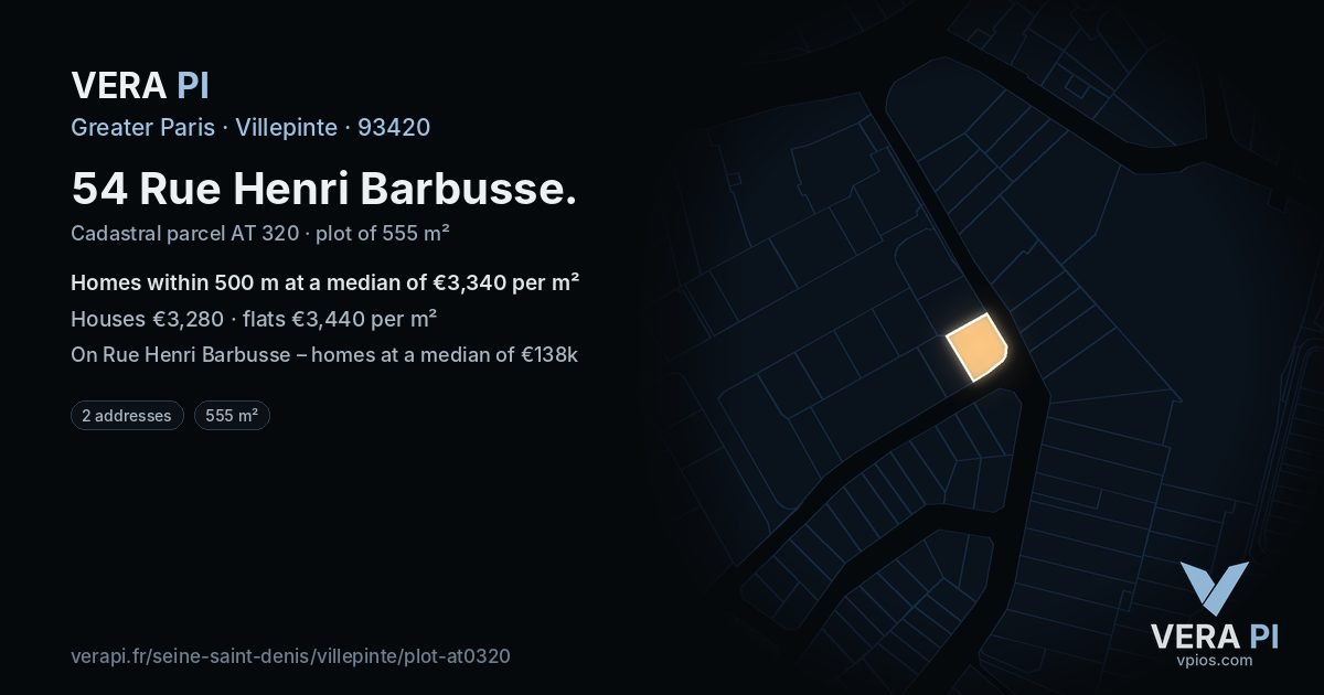 54 Rue Henri Barbusse, Villepinte at night – the plot lit, the parcels around coloured by the prices near them