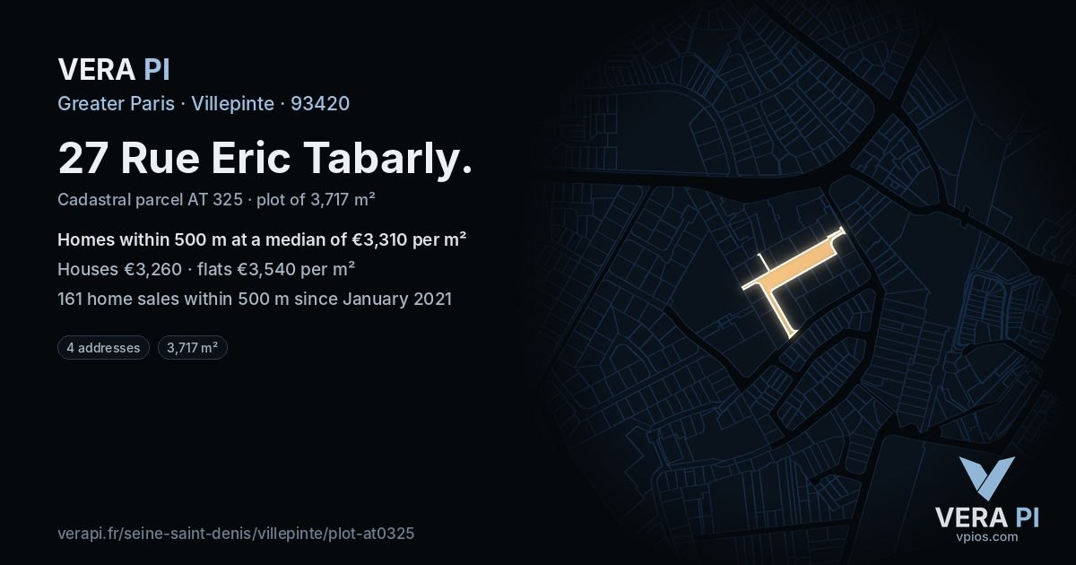 27 Rue Eric Tabarly, Villepinte at night – the plot lit, the parcels around coloured by the prices near them