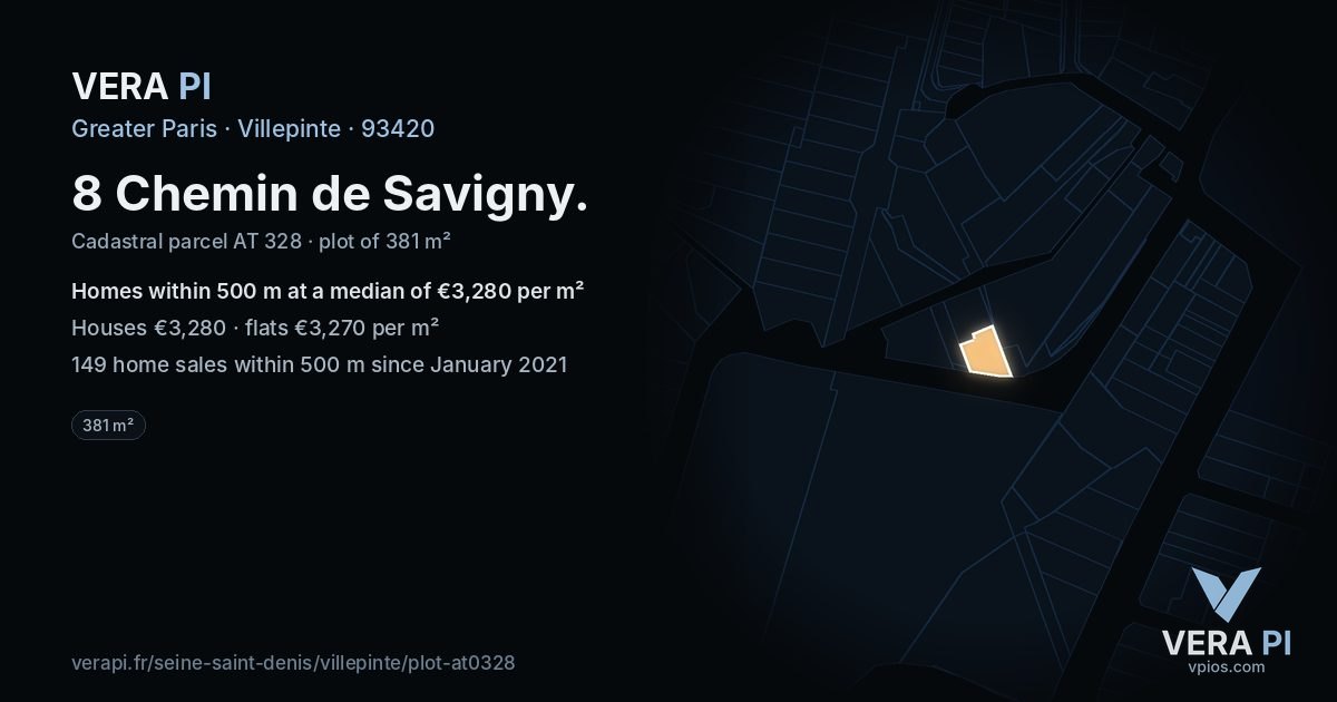 8 Chemin de Savigny, Villepinte at night – the plot lit, the parcels around coloured by the prices near them