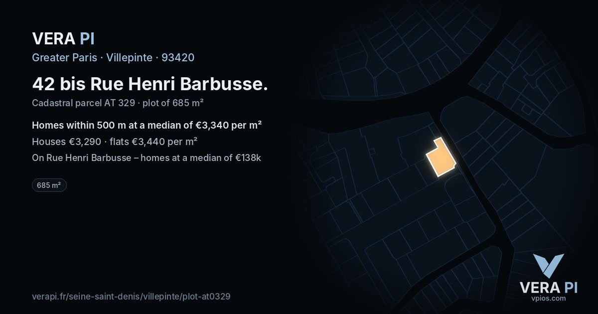 42 bis Rue Henri Barbusse, Villepinte at night – the plot lit, the parcels around coloured by the prices near them