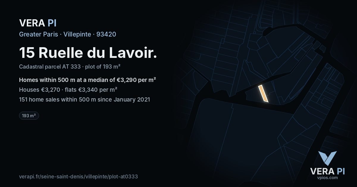 15 Ruelle du Lavoir, Villepinte at night – the plot lit, the parcels around coloured by the prices near them