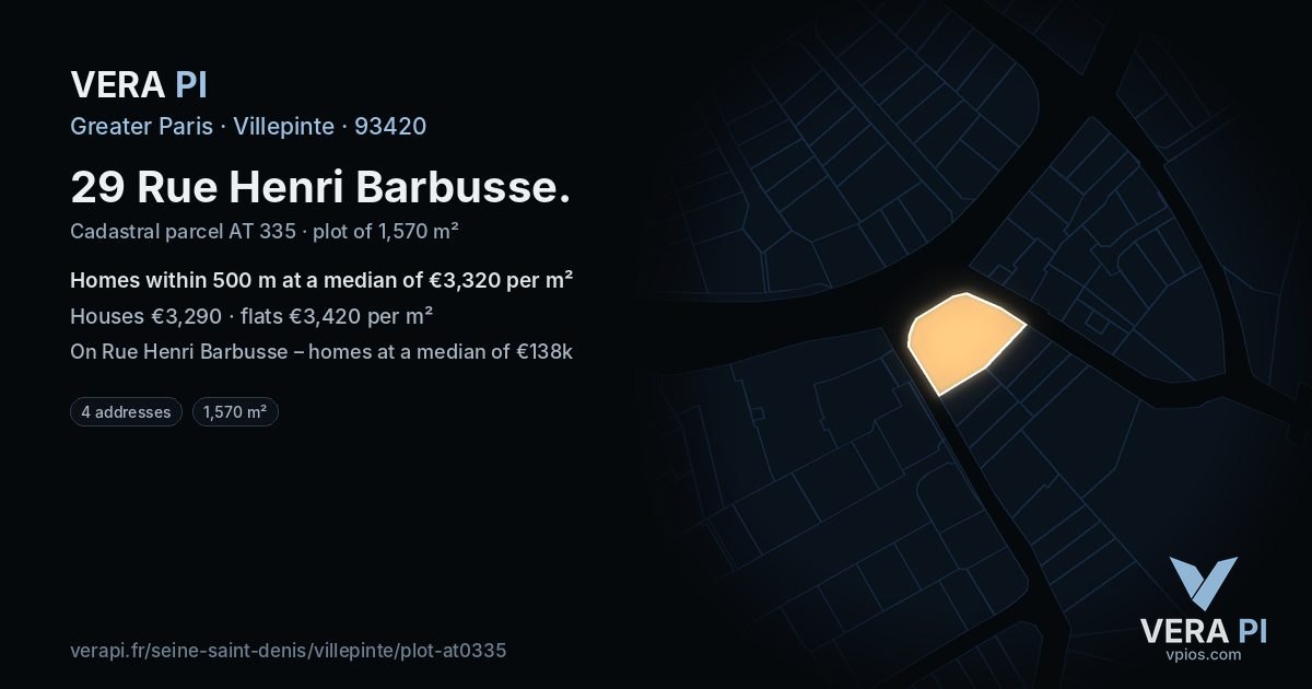 29 Rue Henri Barbusse, Villepinte at night – the plot lit, the parcels around coloured by the prices near them