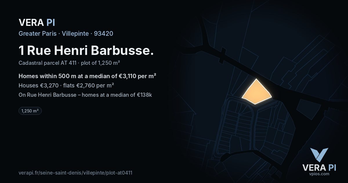 1 Rue Henri Barbusse, Villepinte at night – the plot lit, the parcels around coloured by the prices near them