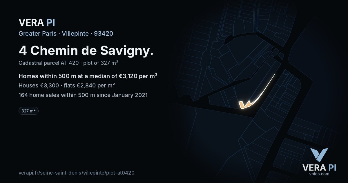 4 Chemin de Savigny, Villepinte at night – the plot lit, the parcels around coloured by the prices near them