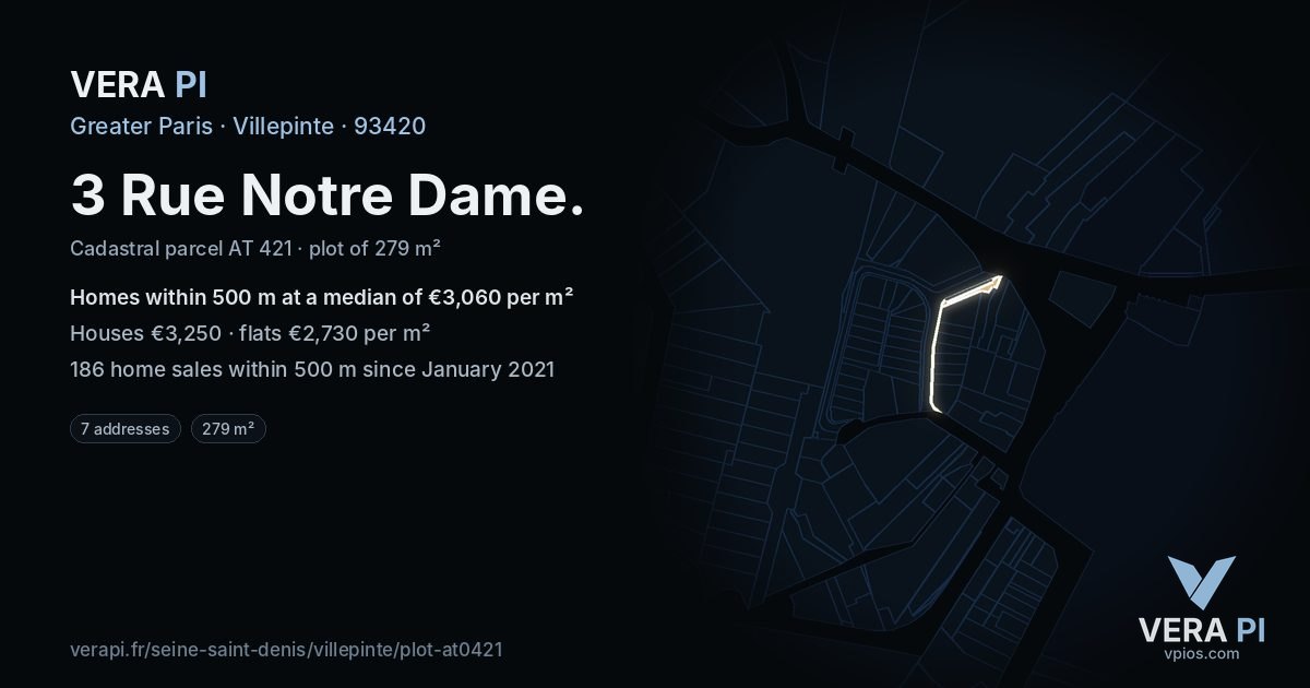 3 Rue Notre Dame, Villepinte at night – the plot lit, the parcels around coloured by the prices near them