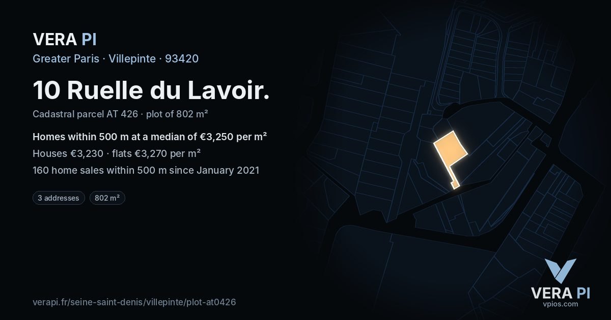 10 Ruelle du Lavoir, Villepinte at night – the plot lit, the parcels around coloured by the prices near them