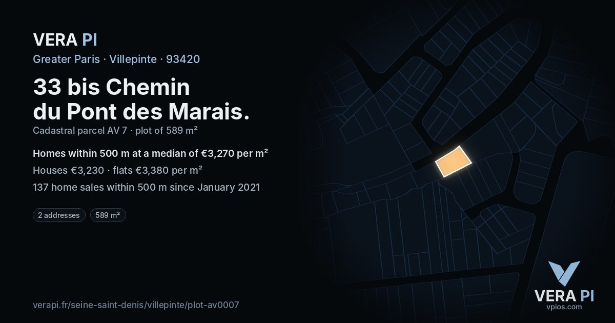 33 bis Chemin du Pont des Marais, Villepinte at night – the plot lit, the parcels around coloured by the prices near them
